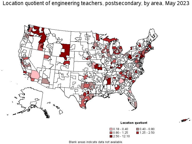 Map of location quotient of engineering teachers, postsecondary by area, May 2023