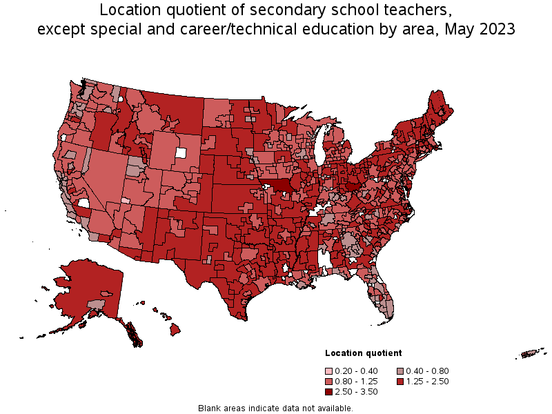 Map of location quotient of secondary school teachers, except special and career/technical education by area, May 2023
