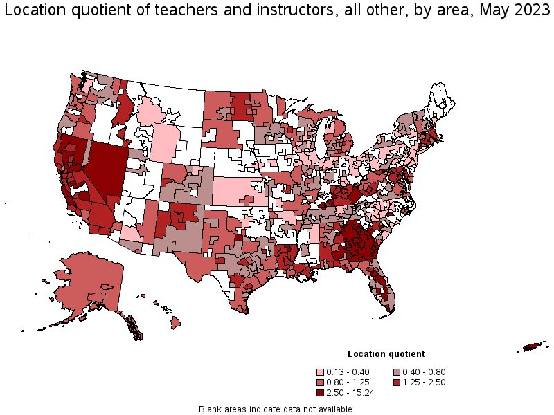 Map of location quotient of teachers and instructors, all other by area, May 2023