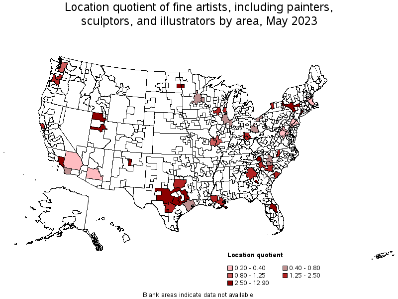 Map of location quotient of fine artists, including painters, sculptors, and illustrators by area, May 2023