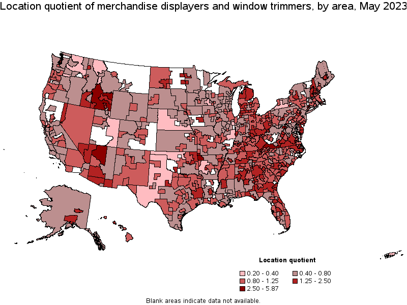 Map of location quotient of merchandise displayers and window trimmers by area, May 2023