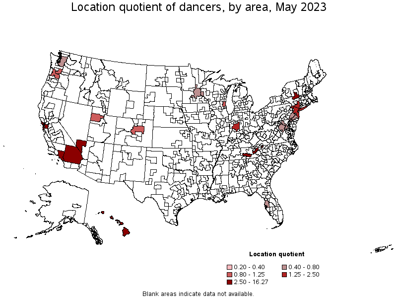 Map of location quotient of dancers by area, May 2023