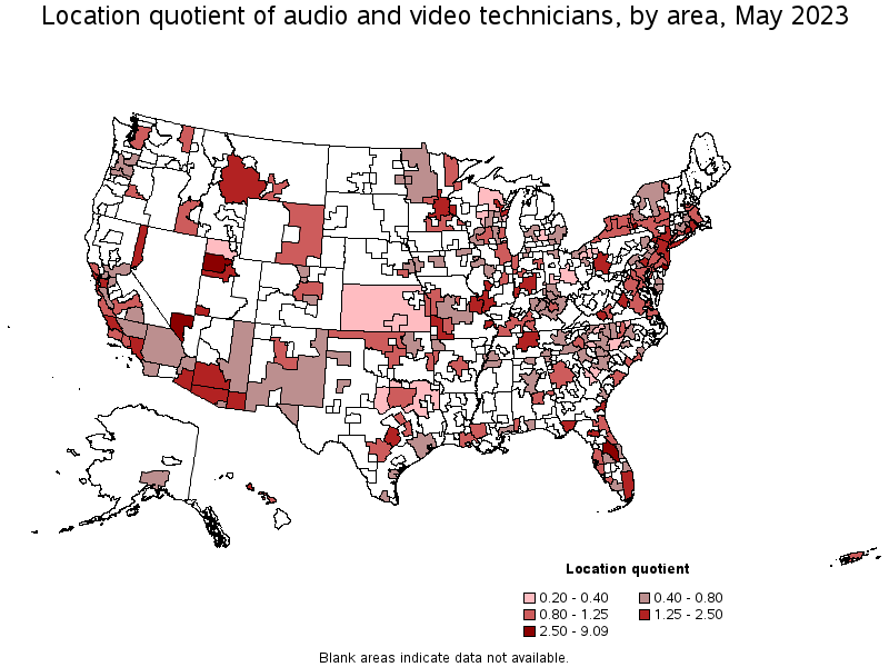 Map of location quotient of audio and video technicians by area, May 2023