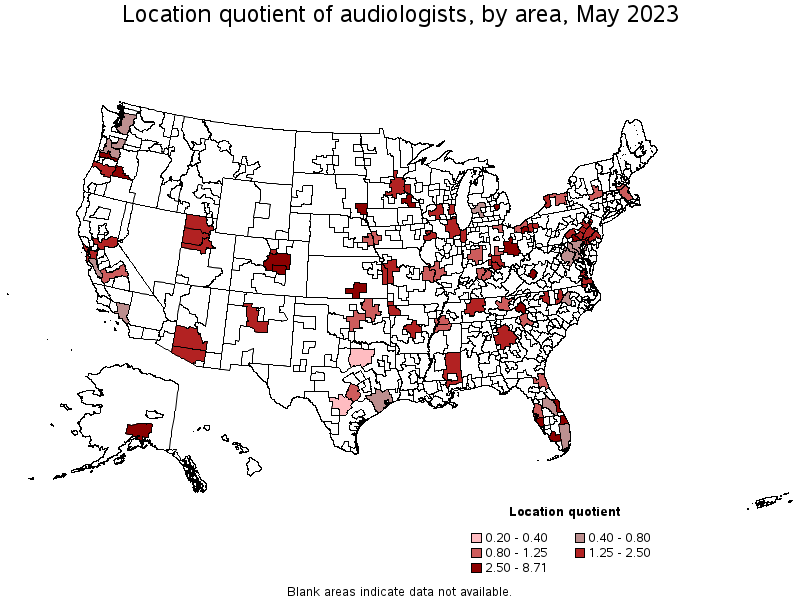 Map of location quotient of audiologists by area, May 2023