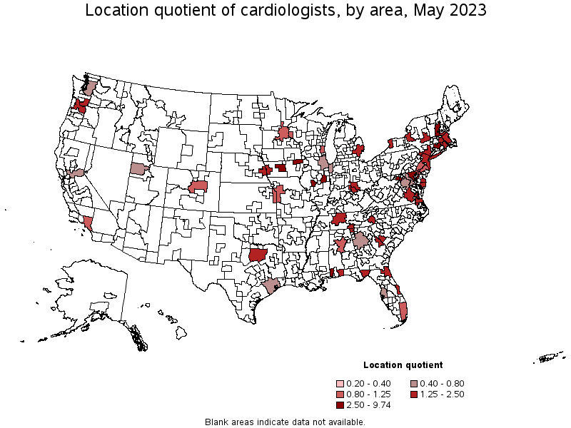 Map of location quotient of cardiologists by area, May 2023