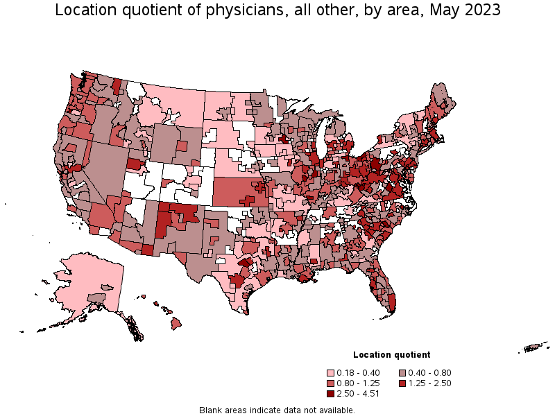 Map of location quotient of physicians, all other by area, May 2023