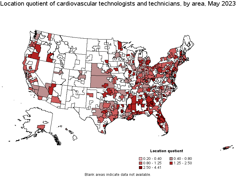 Map of location quotient of cardiovascular technologists and technicians by area, May 2023