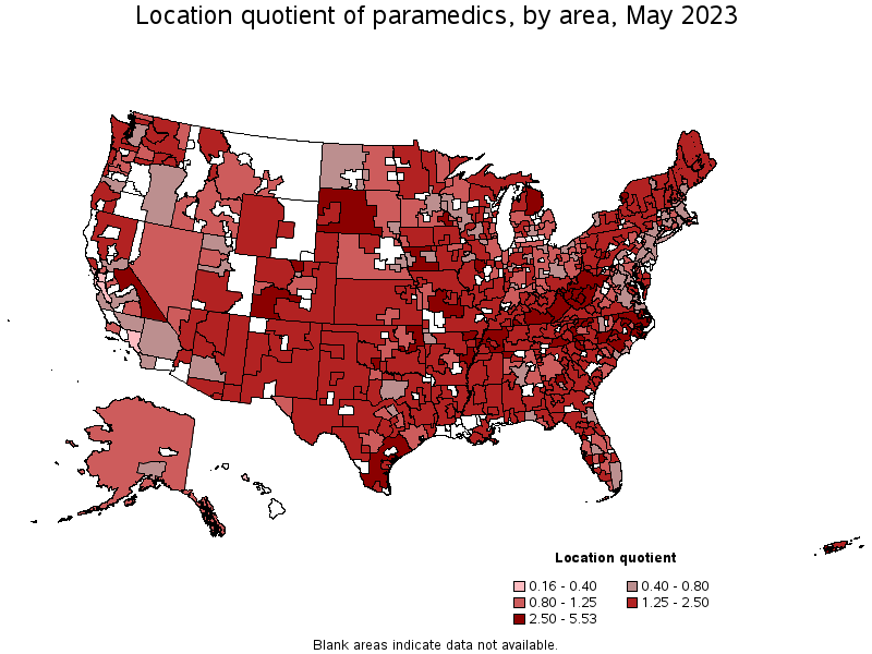 Map of location quotient of paramedics by area, May 2023