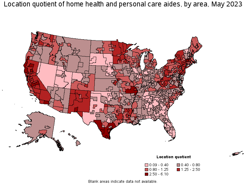 Map of location quotient of home health and personal care aides by area, May 2023
