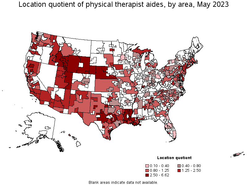 Map of location quotient of physical therapist aides by area, May 2023