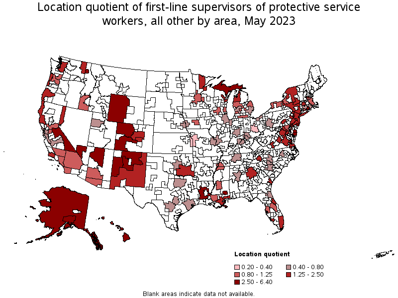 Map of location quotient of first-line supervisors of protective service workers, all other by area, May 2023