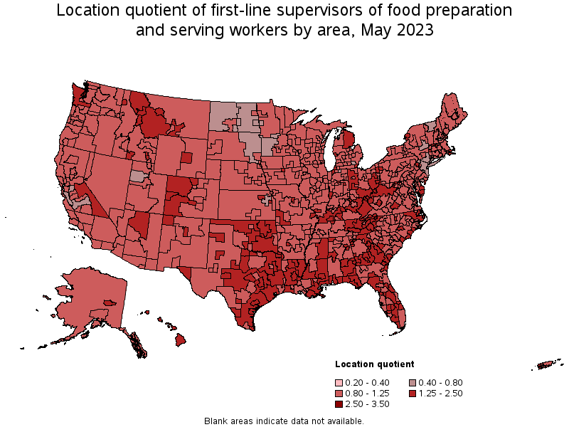 Map of location quotient of first-line supervisors of food preparation and serving workers by area, May 2023