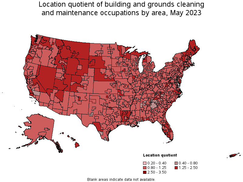 Map of location quotient of building and grounds cleaning and maintenance occupations by area, May 2023