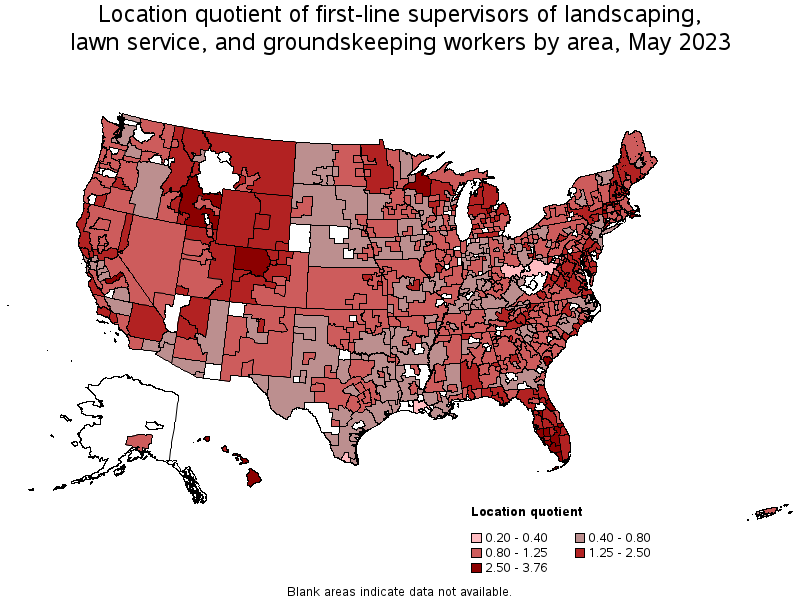 Map of location quotient of first-line supervisors of landscaping, lawn service, and groundskeeping workers by area, May 2023