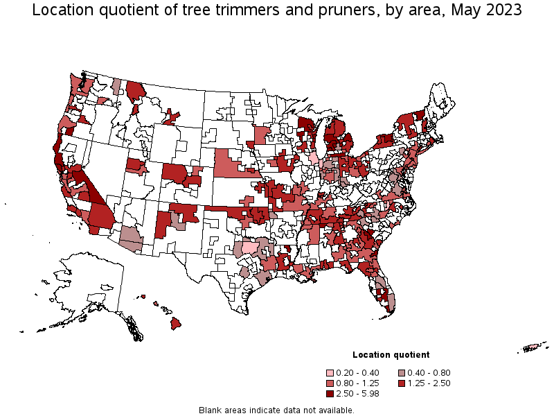 Map of location quotient of tree trimmers and pruners by area, May 2023