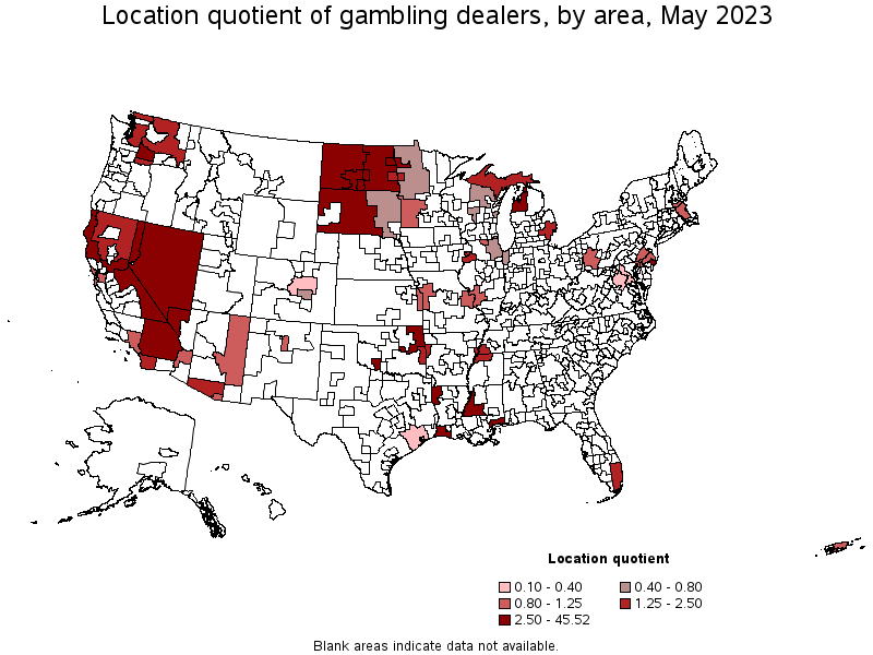 Map of location quotient of gambling dealers by area, May 2023