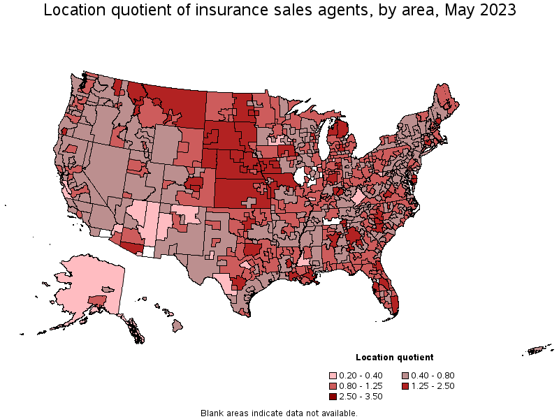 Map of location quotient of insurance sales agents by area, May 2023
