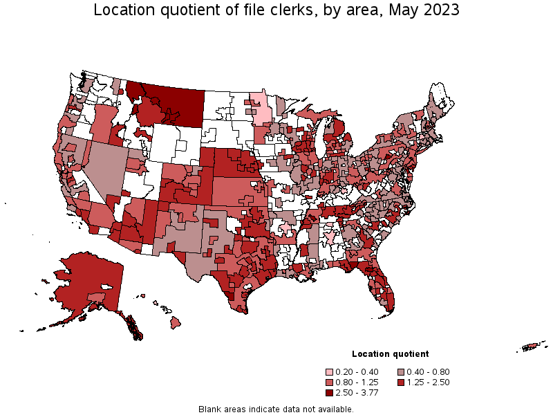 Map of location quotient of file clerks by area, May 2023