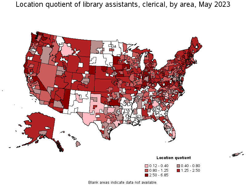 Map of location quotient of library assistants, clerical by area, May 2023