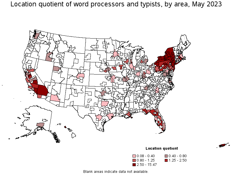 Map of location quotient of word processors and typists by area, May 2023