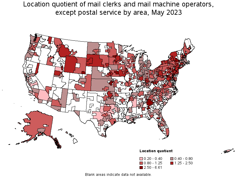 Map of location quotient of mail clerks and mail machine operators, except postal service by area, May 2023