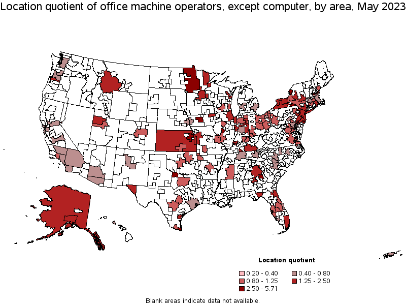Map of location quotient of office machine operators, except computer by area, May 2023