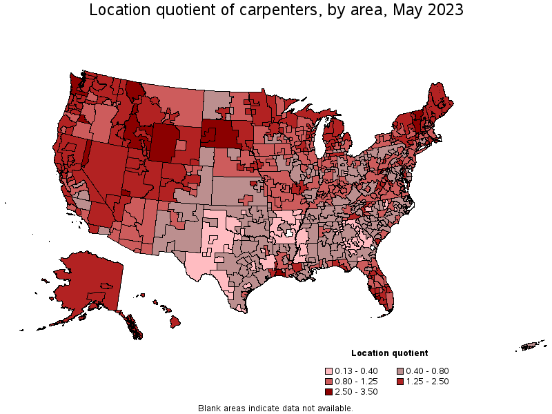Map of location quotient of carpenters by area, May 2023