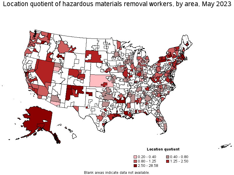 Map of location quotient of hazardous materials removal workers by area, May 2023
