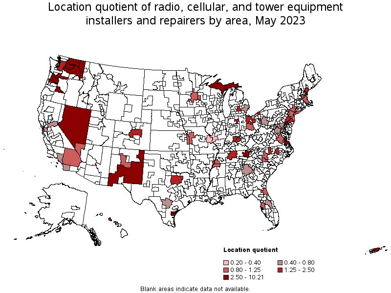 Map of location quotient of radio, cellular, and tower equipment installers and repairers by area, May 2023