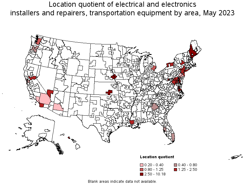 Map of location quotient of electrical and electronics installers and repairers, transportation equipment by area, May 2023
