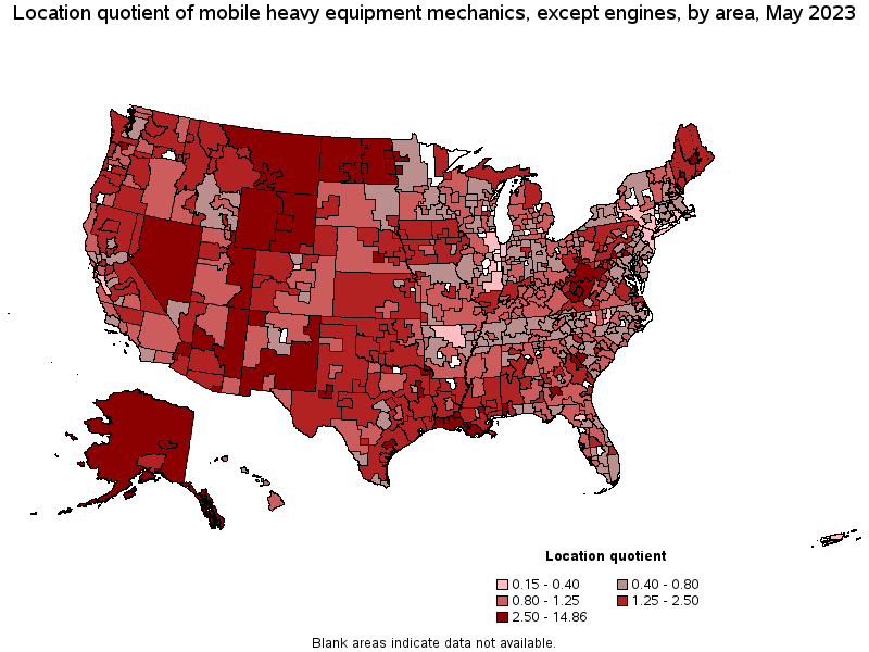 Map of location quotient of mobile heavy equipment mechanics, except engines by area, May 2023