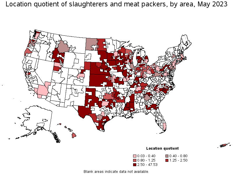 Map of location quotient of slaughterers and meat packers by area, May 2023