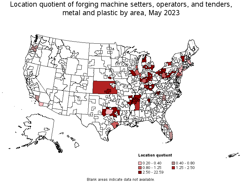 Map of location quotient of forging machine setters, operators, and tenders, metal and plastic by area, May 2023