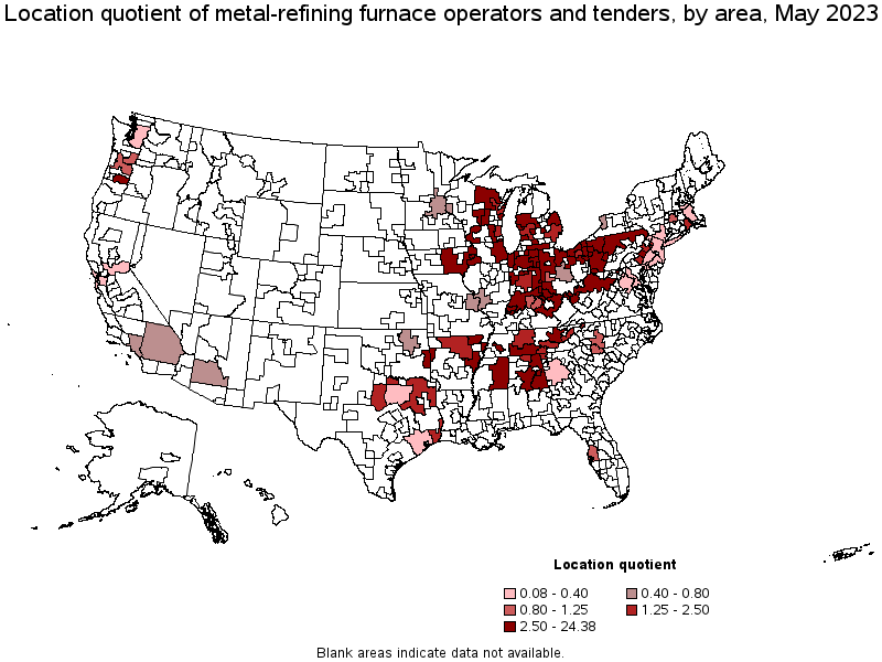 Map of location quotient of metal-refining furnace operators and tenders by area, May 2023
