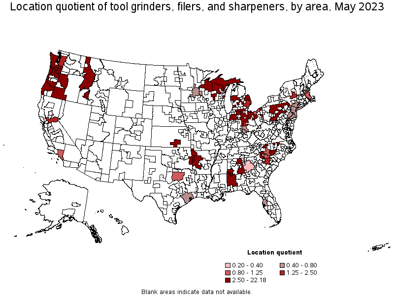 Map of location quotient of tool grinders, filers, and sharpeners by area, May 2023