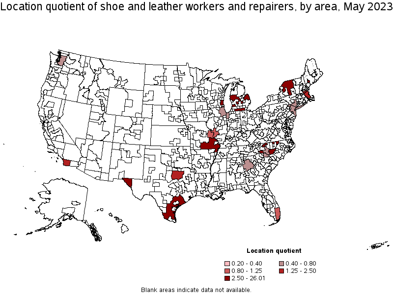 Map of location quotient of shoe and leather workers and repairers by area, May 2023