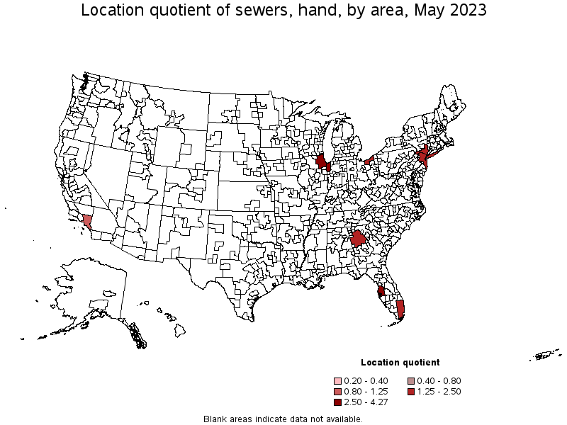 Map of location quotient of sewers, hand by area, May 2023