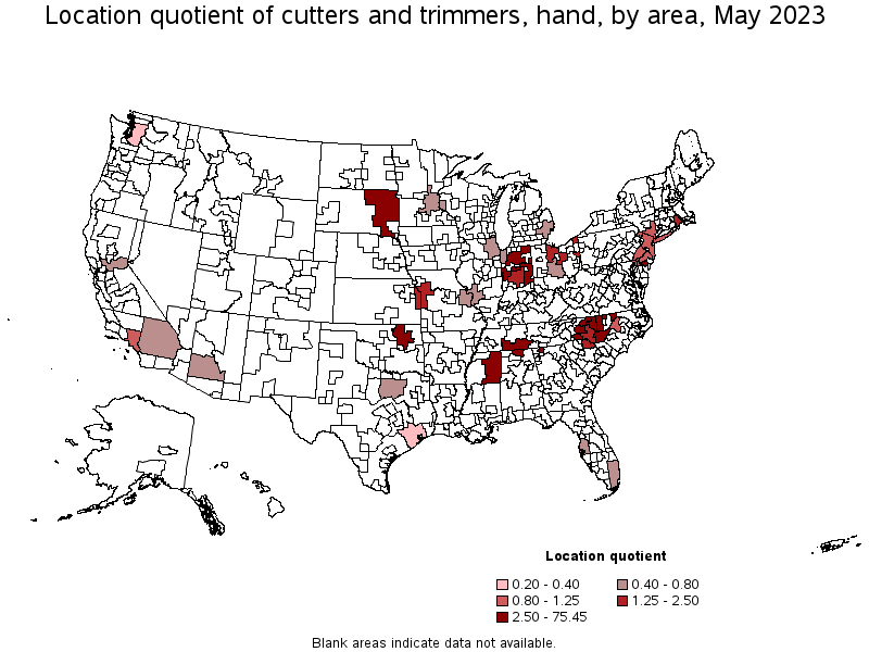 Map of location quotient of cutters and trimmers, hand by area, May 2023