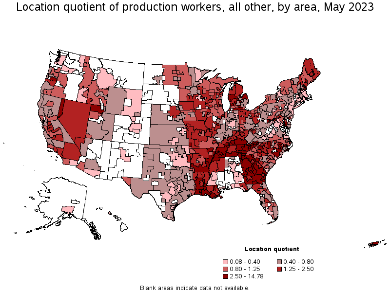 Map of location quotient of production workers, all other by area, May 2023