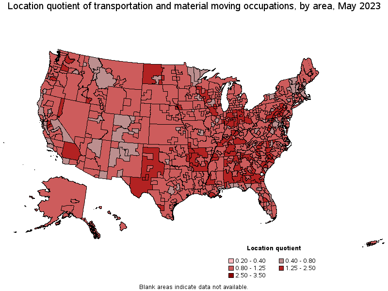 Map of location quotient of transportation and material moving occupations by area, May 2023