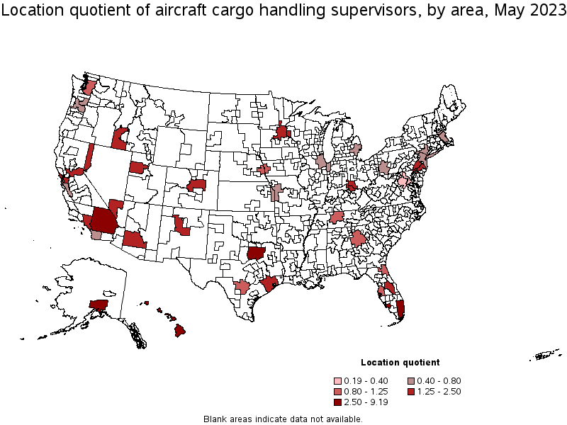 Map of location quotient of aircraft cargo handling supervisors by area, May 2023