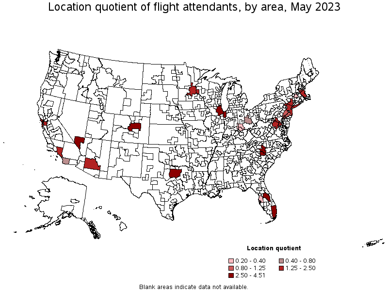 Map of location quotient of flight attendants by area, May 2023