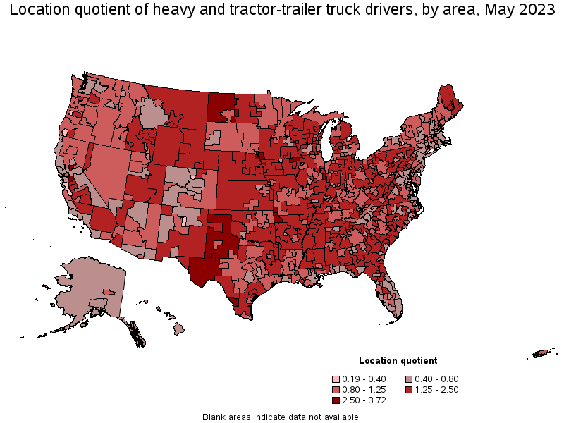 Map of location quotient of heavy and tractor-trailer truck drivers by area, May 2023