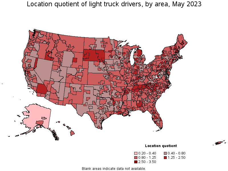 Map of location quotient of light truck drivers by area, May 2023