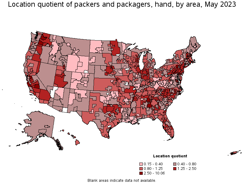 Map of location quotient of packers and packagers, hand by area, May 2023
