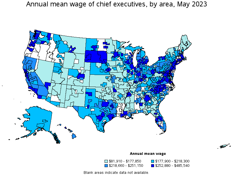Map of annual mean wages of chief executives by area, May 2022