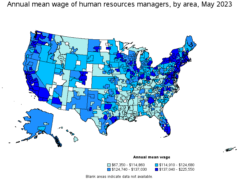 Map of annual mean wages of human resources managers by area, May 2023