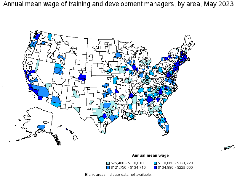 Map of annual mean wages of training and development managers by area, May 2023