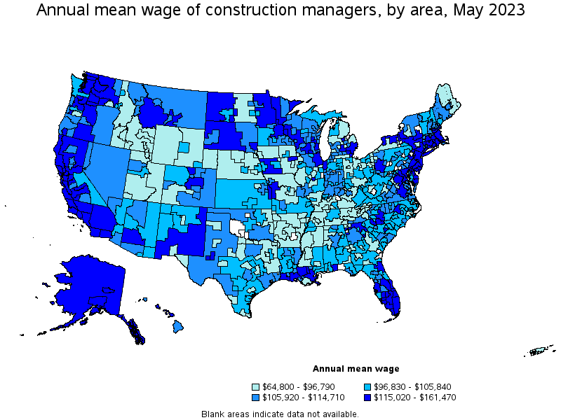 Map of annual mean wages of construction managers by area, May 2023