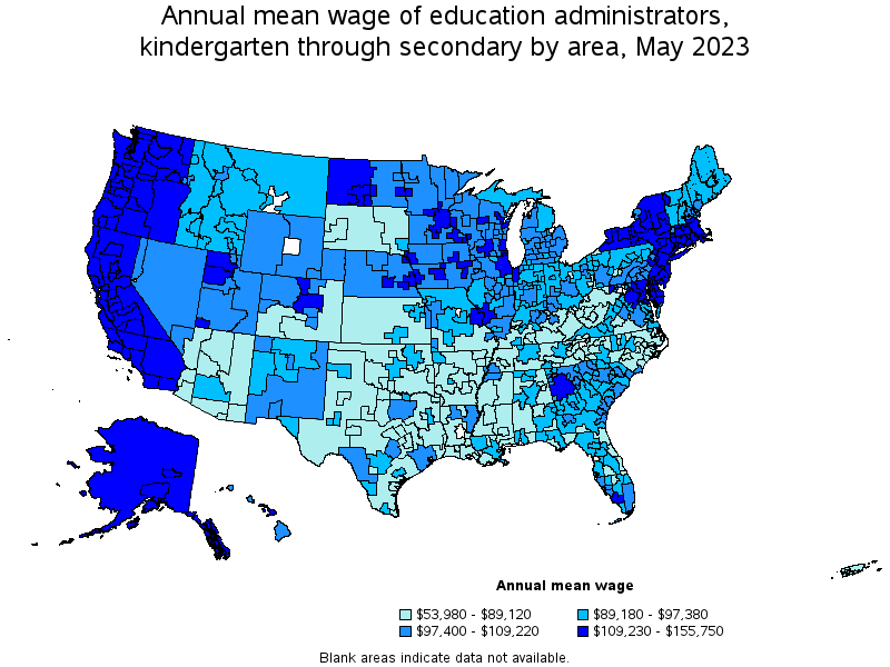 Map of annual mean wages of education administrators, kindergarten through secondary by area, May 2023